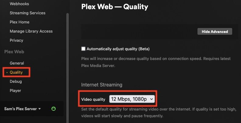 Plex settings for streaming quality, with boxes highlighting the "quality" menu and the video quality settings for internet streaming.