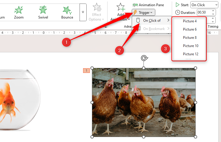 PowerPoint's Trigger drop-down menu is expanded, On Click Of is selected, and the slides's unnamed pictures are listed.