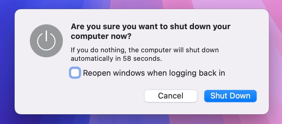 Prompt asking to confirm shutting down a MacBook.