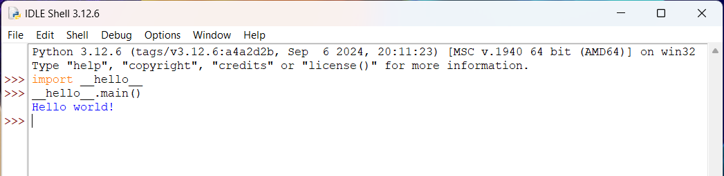 Printing Hello, World in the console using the __hello__ module in Python.