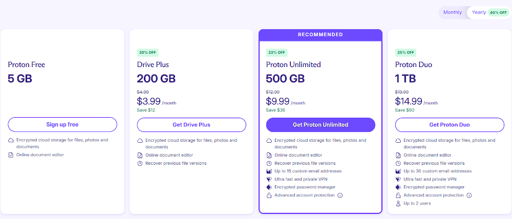 Proton Drive's regular pricing.