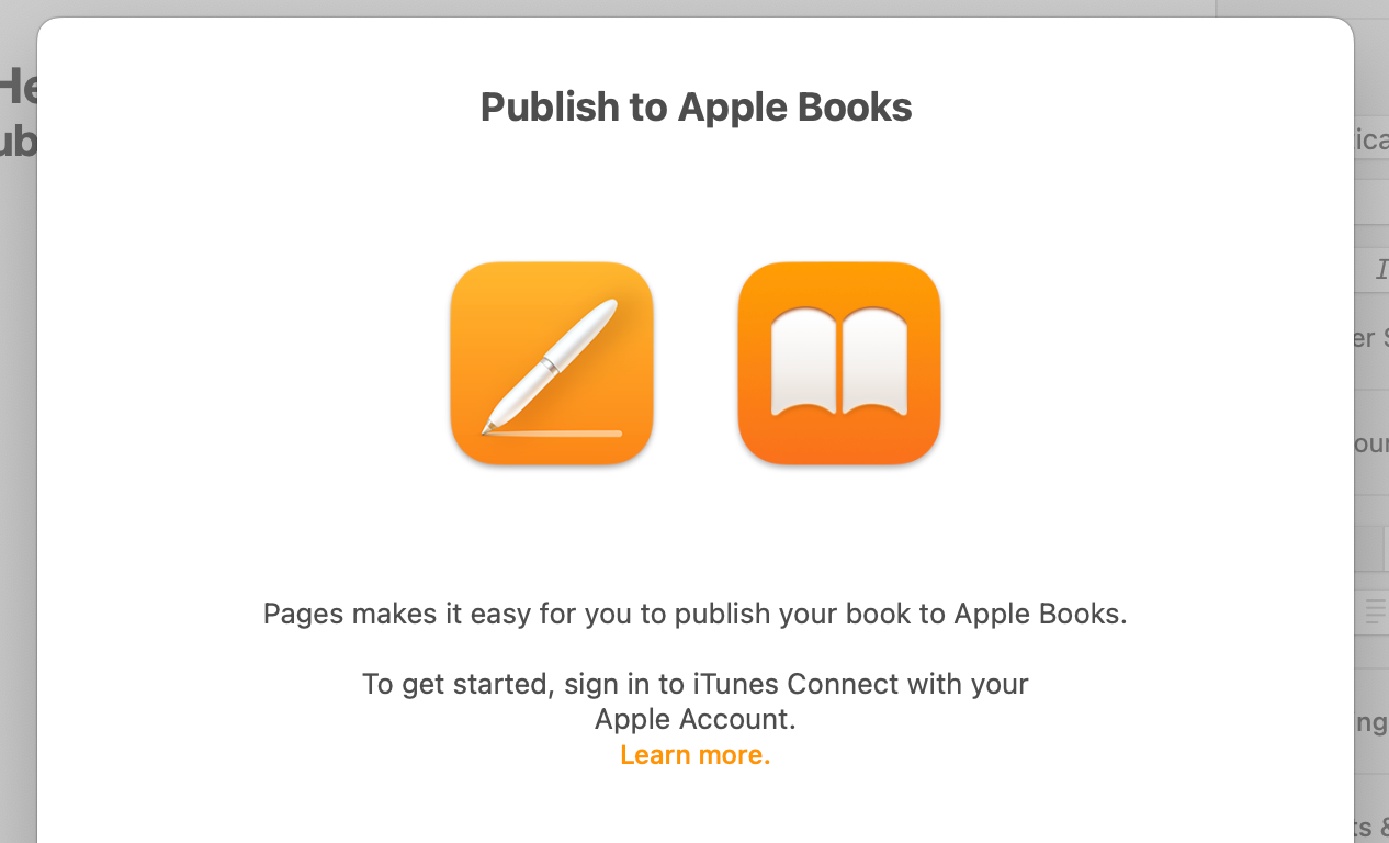 Publish to Apple Books splash screen in Pages app on Mac.