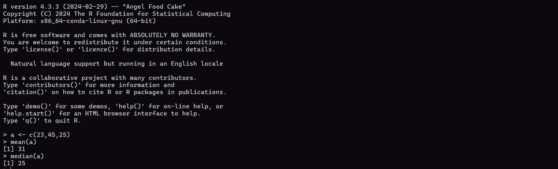 Calculating the mean and median of a vector in R in the terminal.