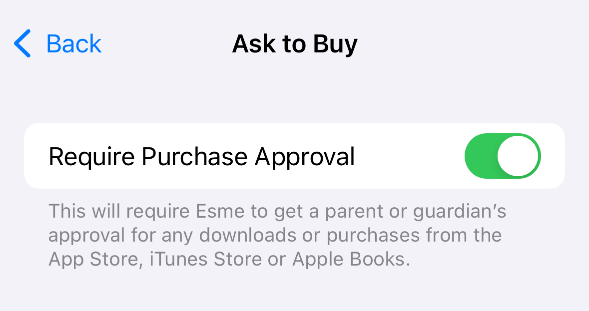 Require Purchase Approval toggle in the Ask to Buy settings on iPhone.