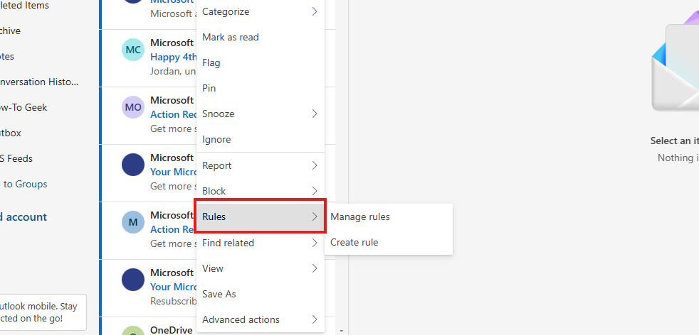 Right-clicking an email in Outlook and finding the Rules submenu.