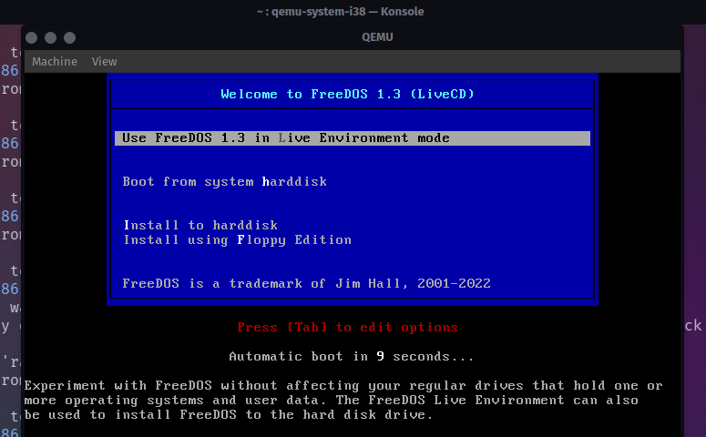 Running FreeDOS in QEMU.