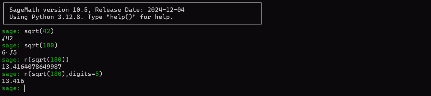 SageMath square root calculations in the terminal.