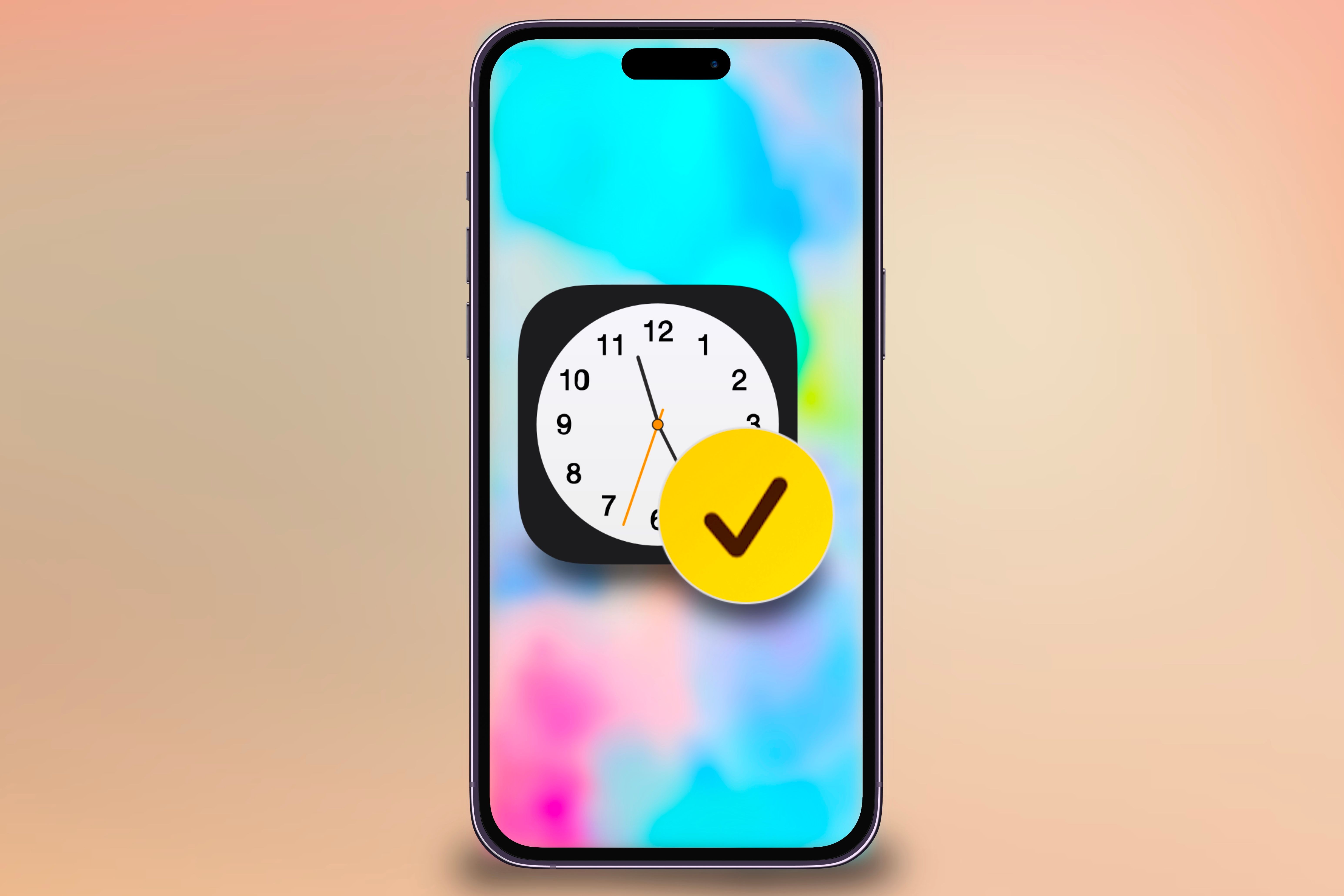 An iPhone showcasing the Clock app and Check In icon in front of a colorful background.