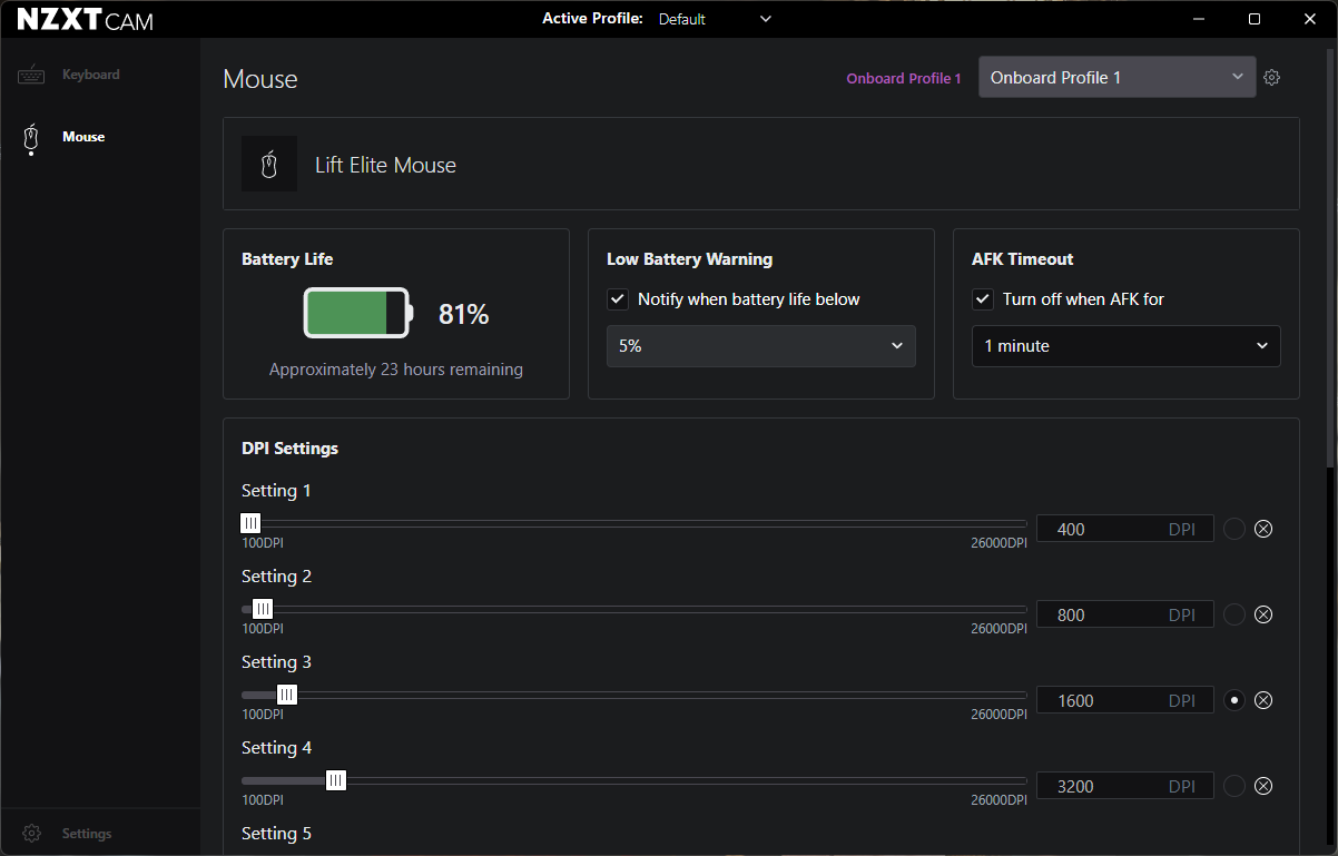 NZXT CAM app showing customization options for the NZXT Lift Elite Wireless mouse.