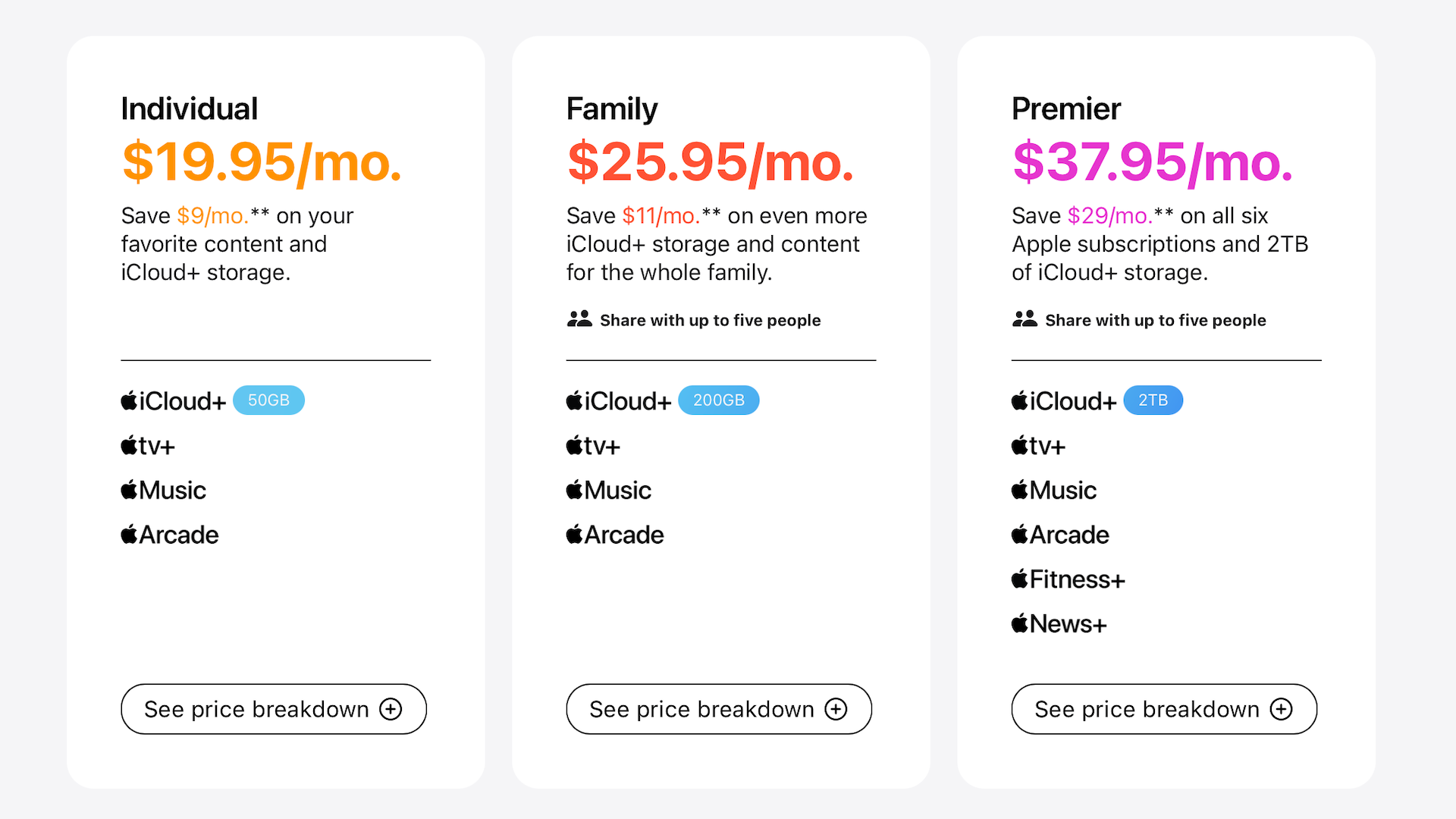 Apple One individual, family, and premier plans.