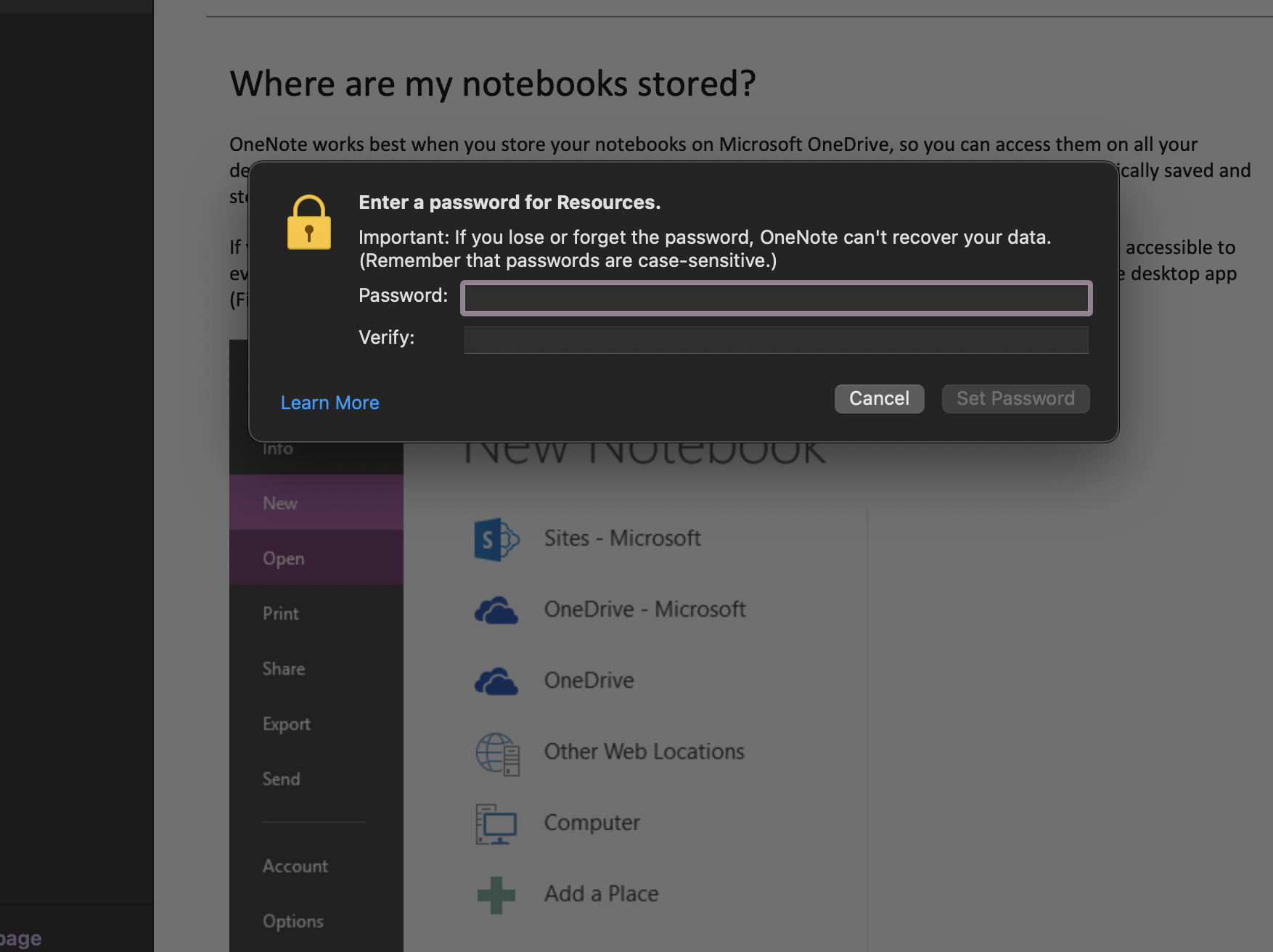 Password-protecting sections in a OneNote notebook.