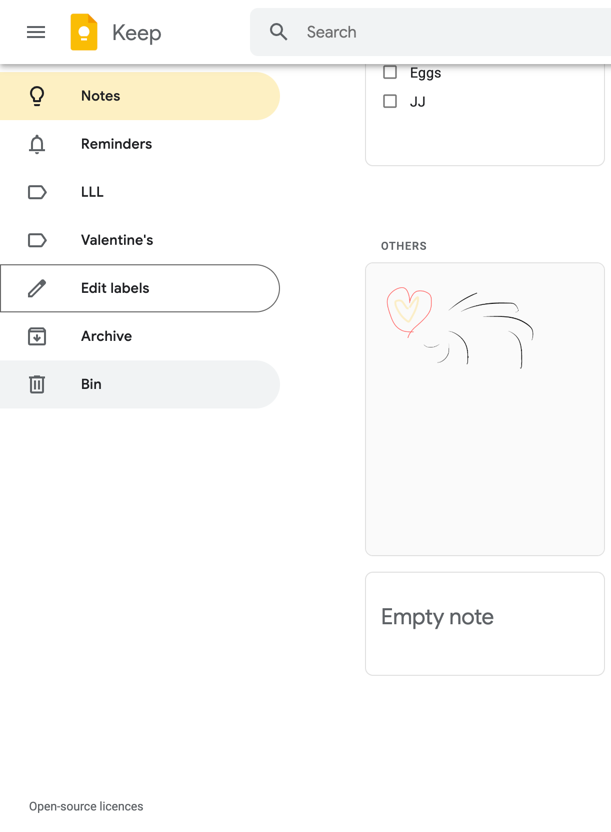 Lables for organization on Google Keep.