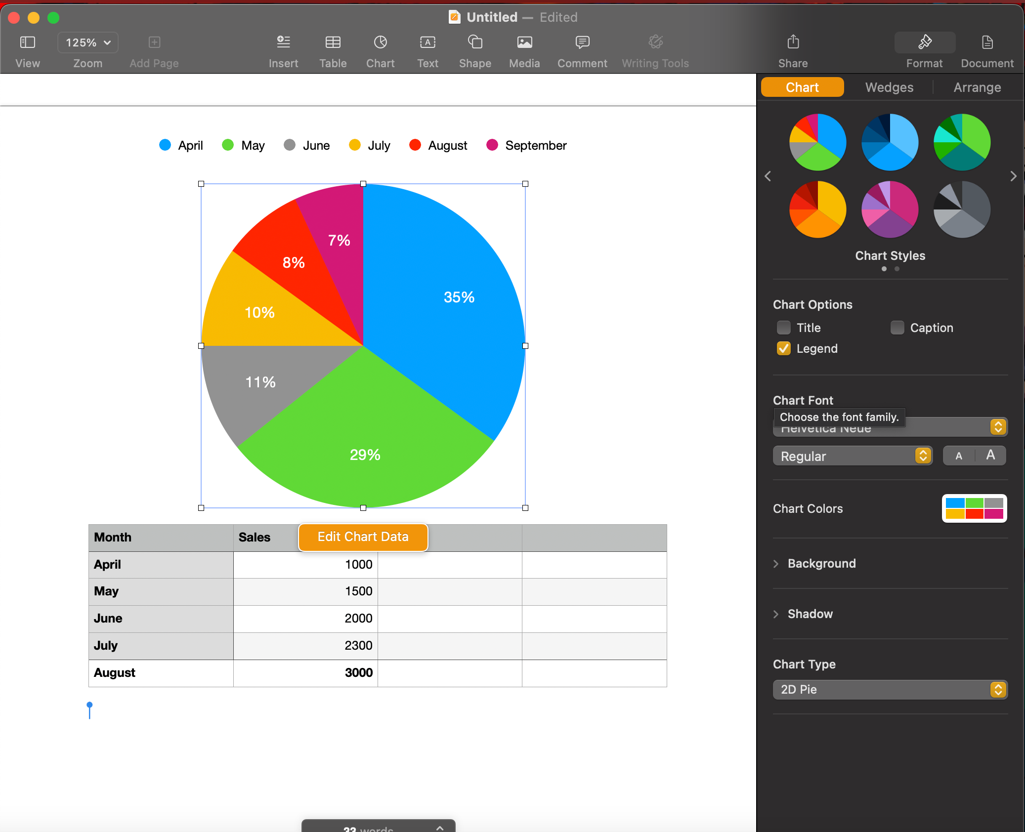 Using charts and tables in Apple Pages.