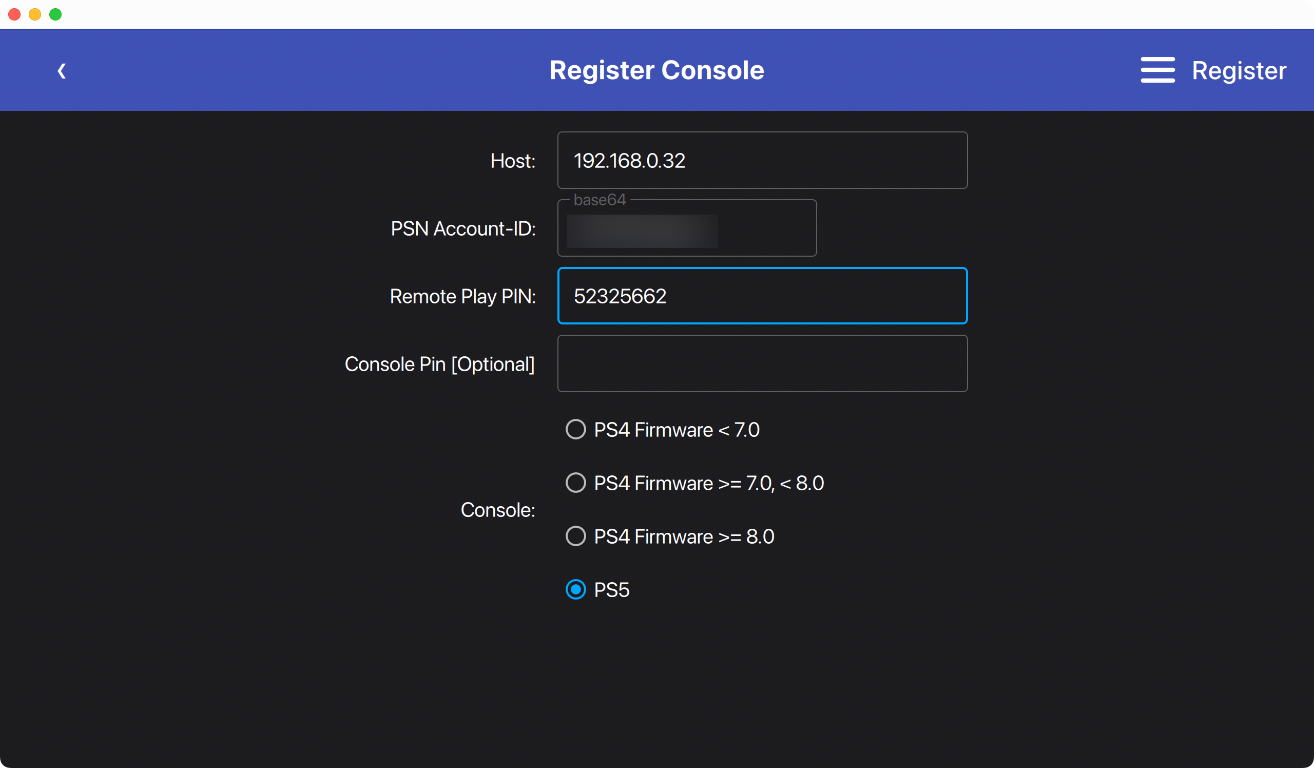 Chiaki manual console registration.