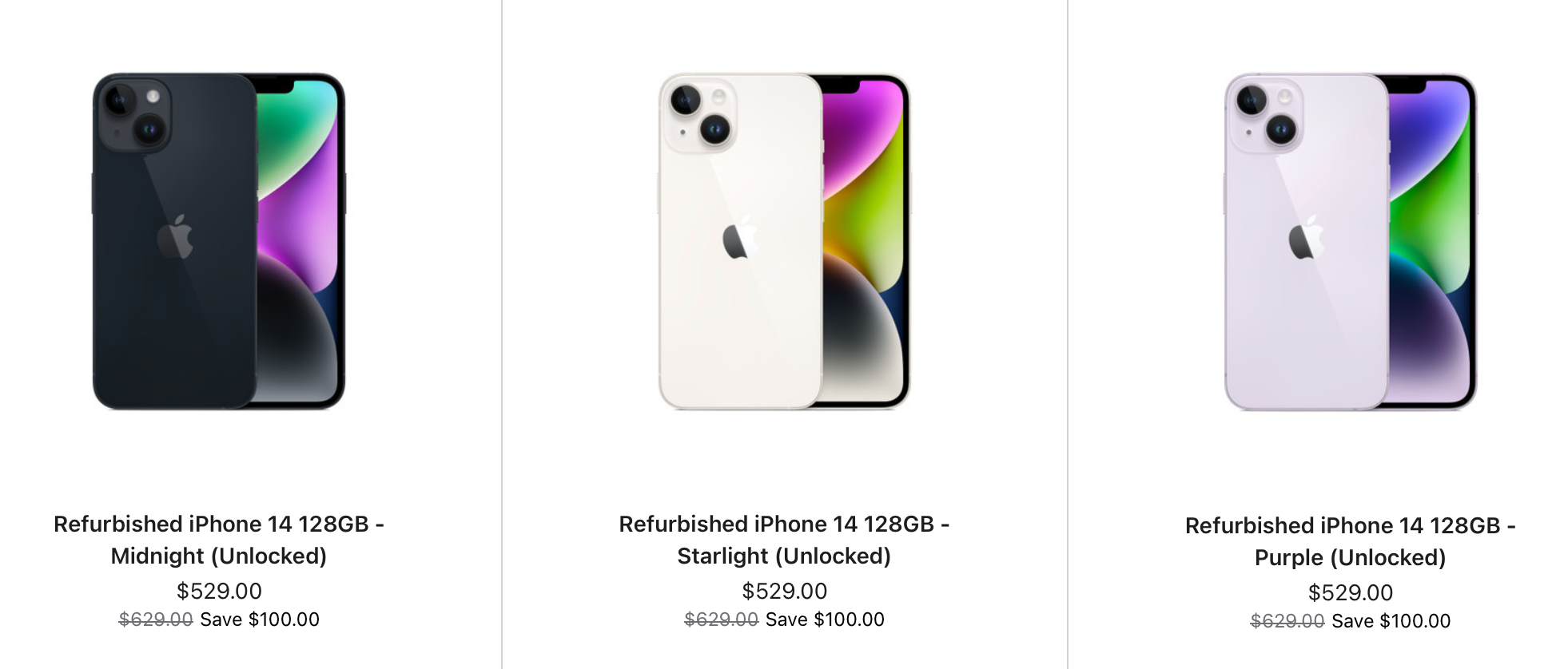 Refurbished iPhone 14s on Apple's official store.