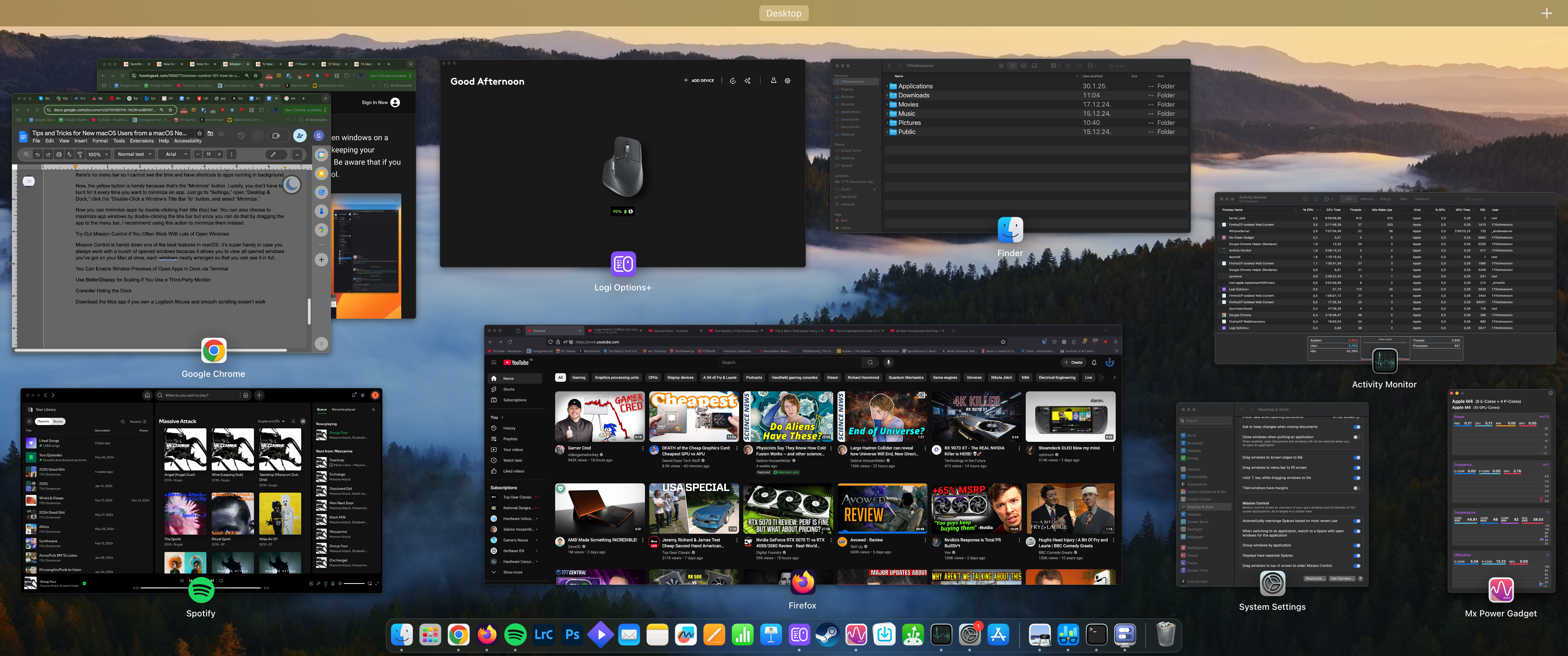 Mission Control showing multiple windows on macOS. 