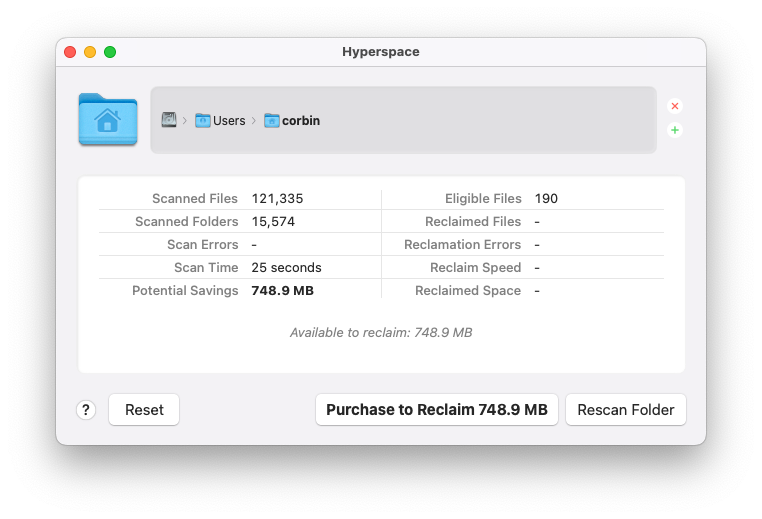 Hyperspace app window including scanned files, eligible files, scan time, and potential savings.