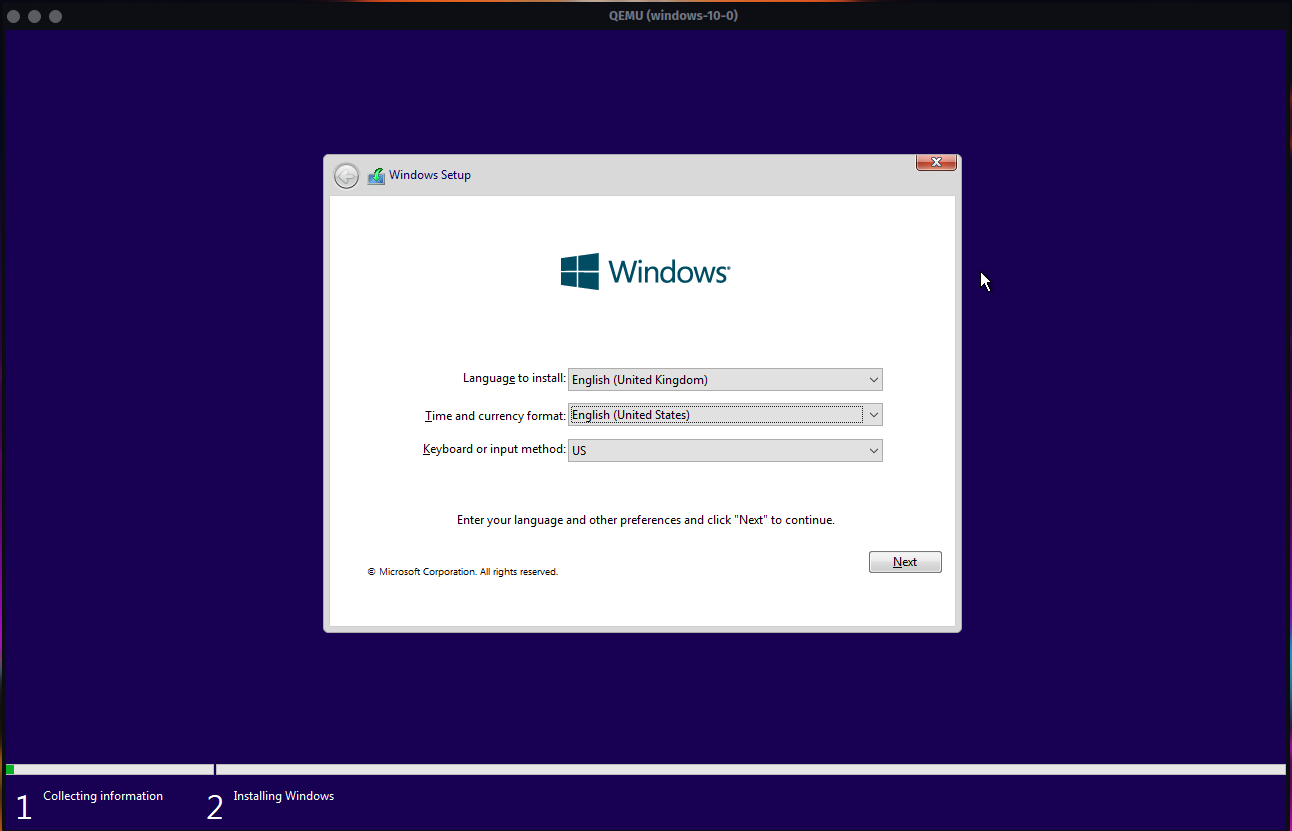 A Windows 10 installation screen in the QEMU app.