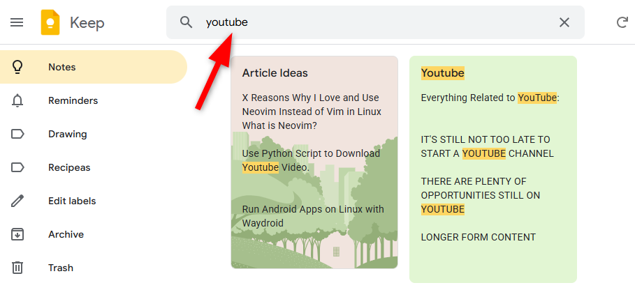 Searching within notes in Google Keep web app.