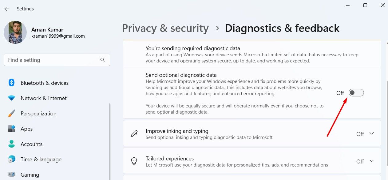 Send optional diagnostic data toggle in the Settings app.