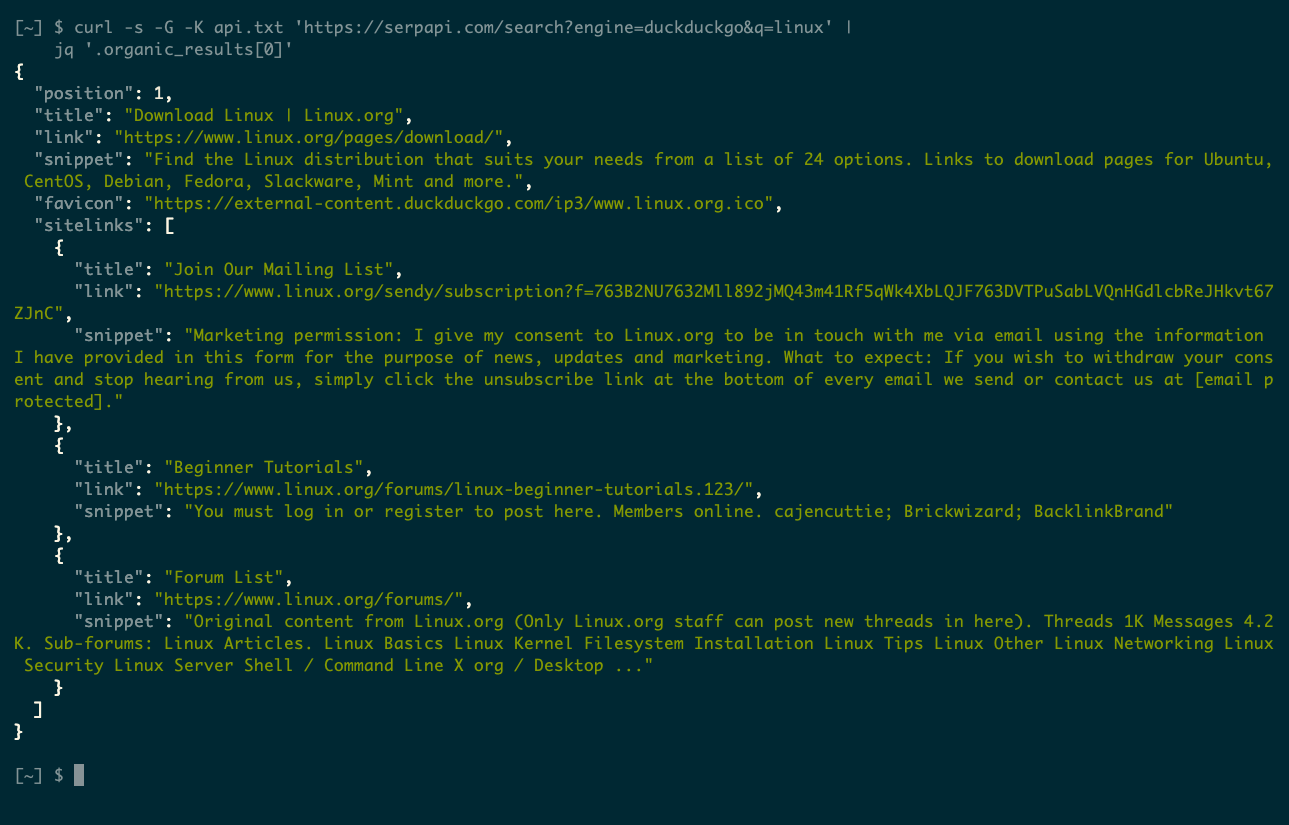 A JSON-formatted result from SerpApi which shows a URL at linux.org and other data such as its favicon and site links.