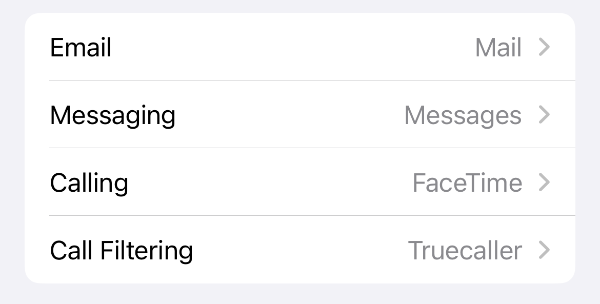 Set default apps for calling, mail, messaging, and filtering.