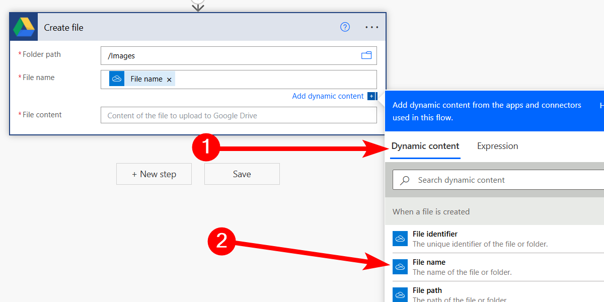 Setting the File Name property for the Google Drive action in Power Automate for web.