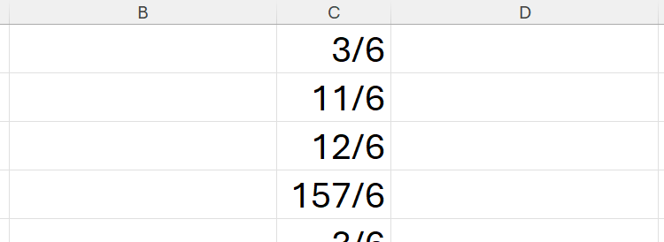 Several fractions in each cell of column C in an Excel spreadsheet, all of which have 6 as their common denominator.