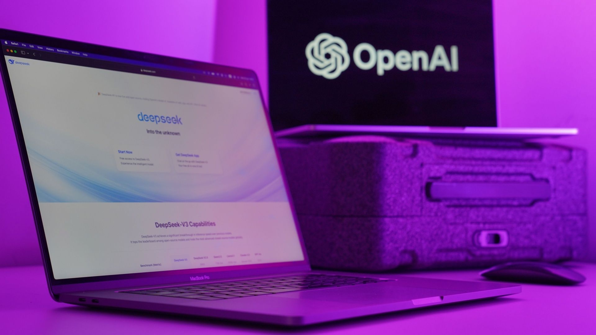 Deepseek on a MacBook screen with an OpenAI logo in the background.