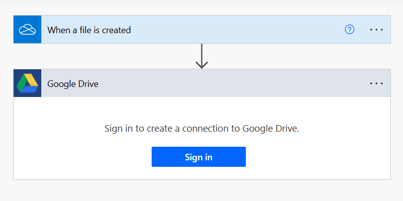 Signing in to Google Drive in a Power Automate for web action.