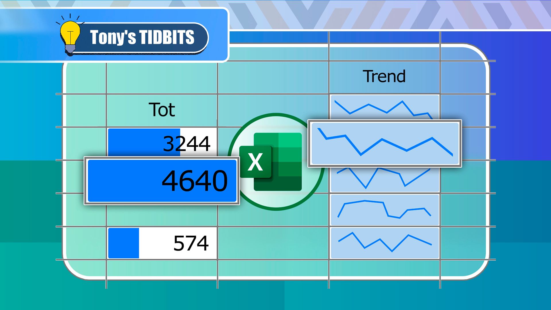 Some Excel cells with mini charts and the Excel logo in the center.