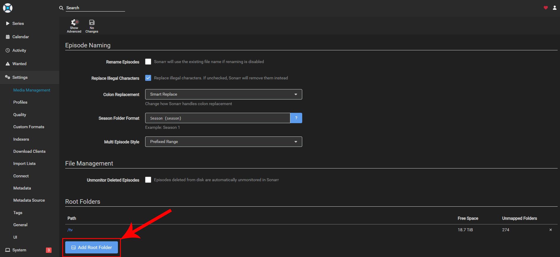 The Sonarr settings page showing how to add a new root folder.
