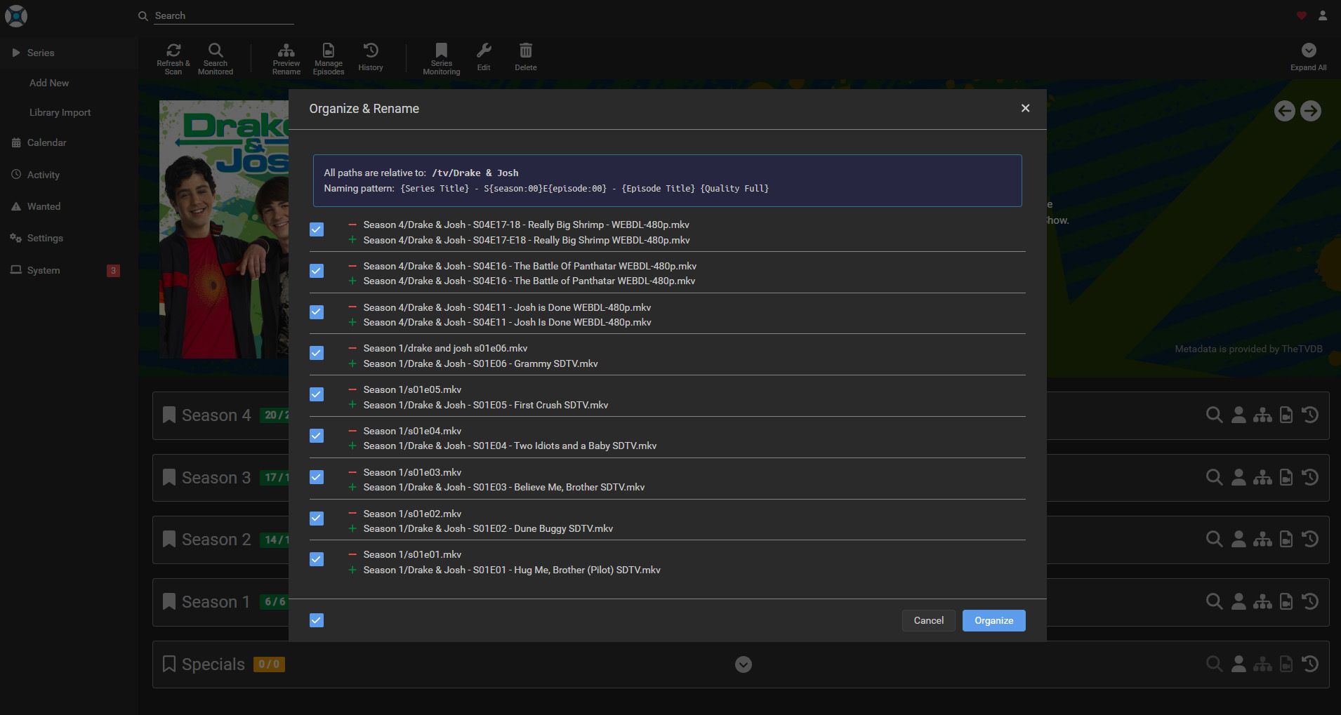 The Sonarr TV management interface with the episode file renaming window open to show the old and new file names.