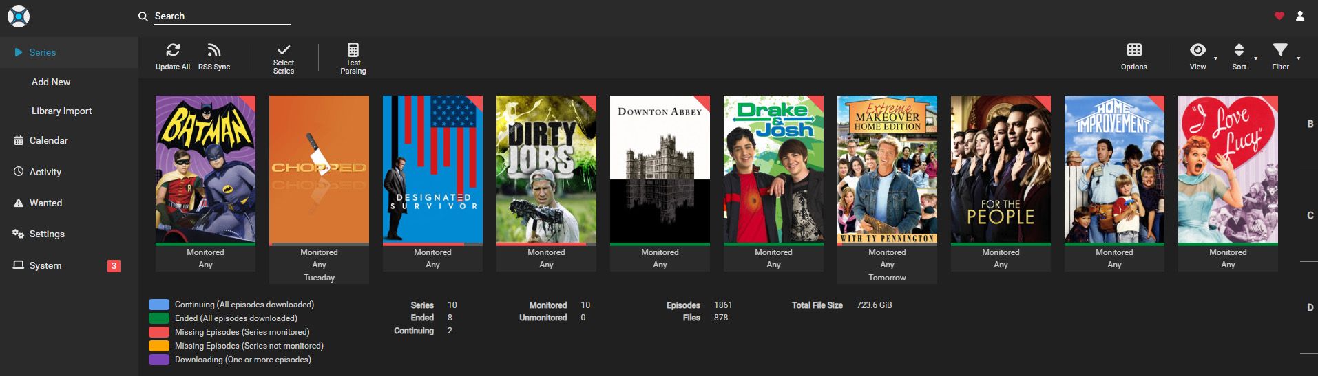 The Sonarr TV series manager showing several TV series on the home page.