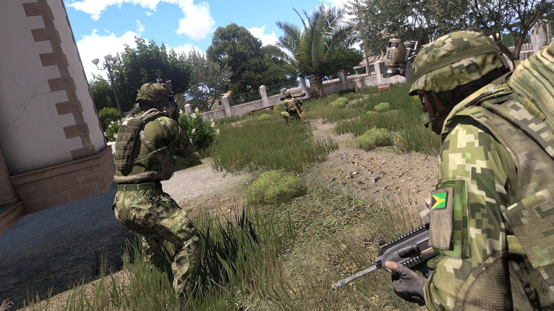 A screenshot from Arma 3 showing realistic military action.