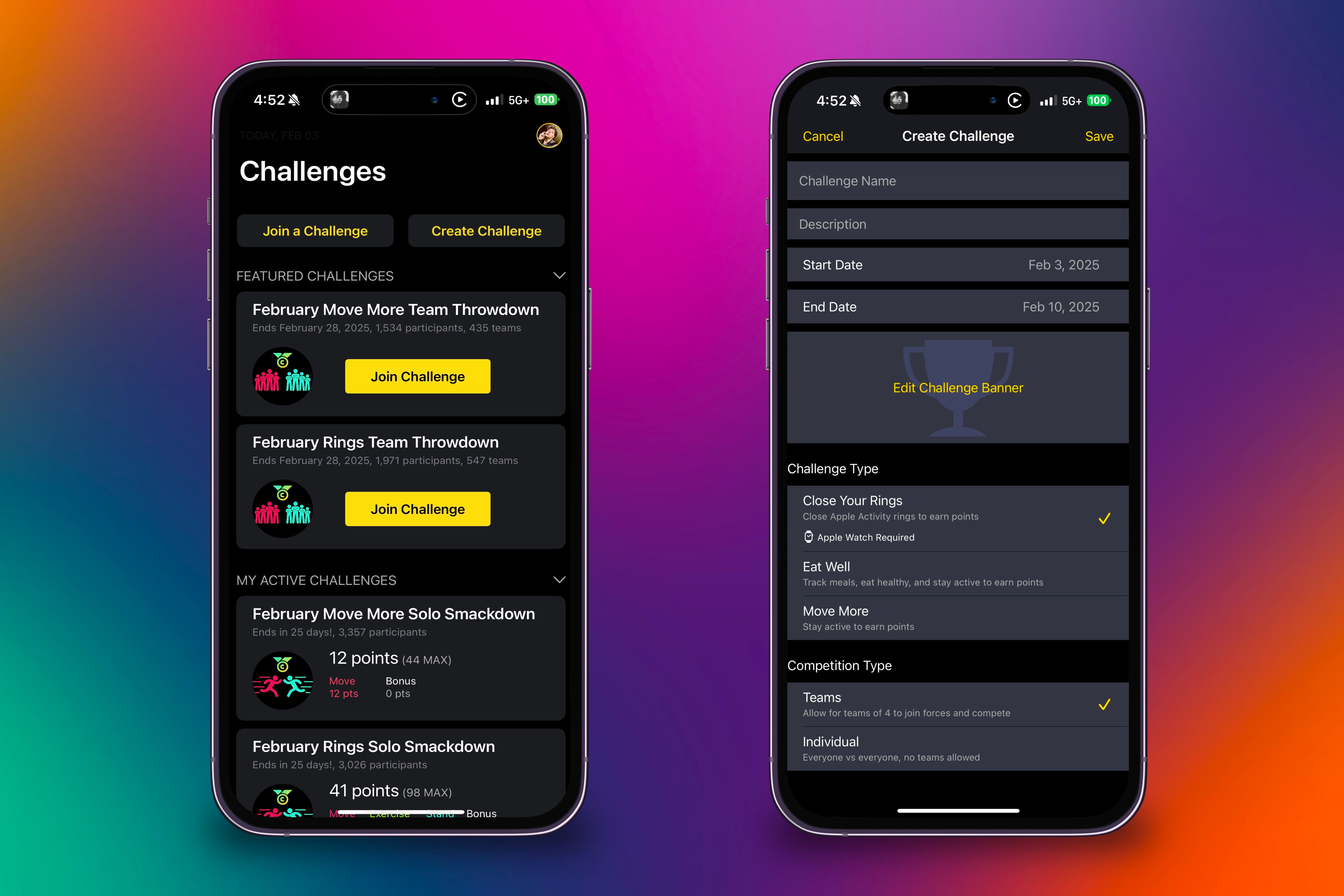 The homepage of the Challenges app and the screen t mak your own competition in front of a colorful background.