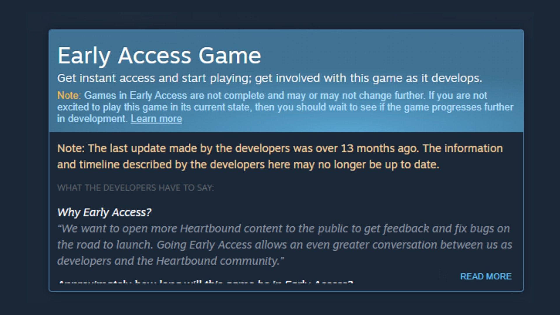 Steam Early Access Game abandoned Note.