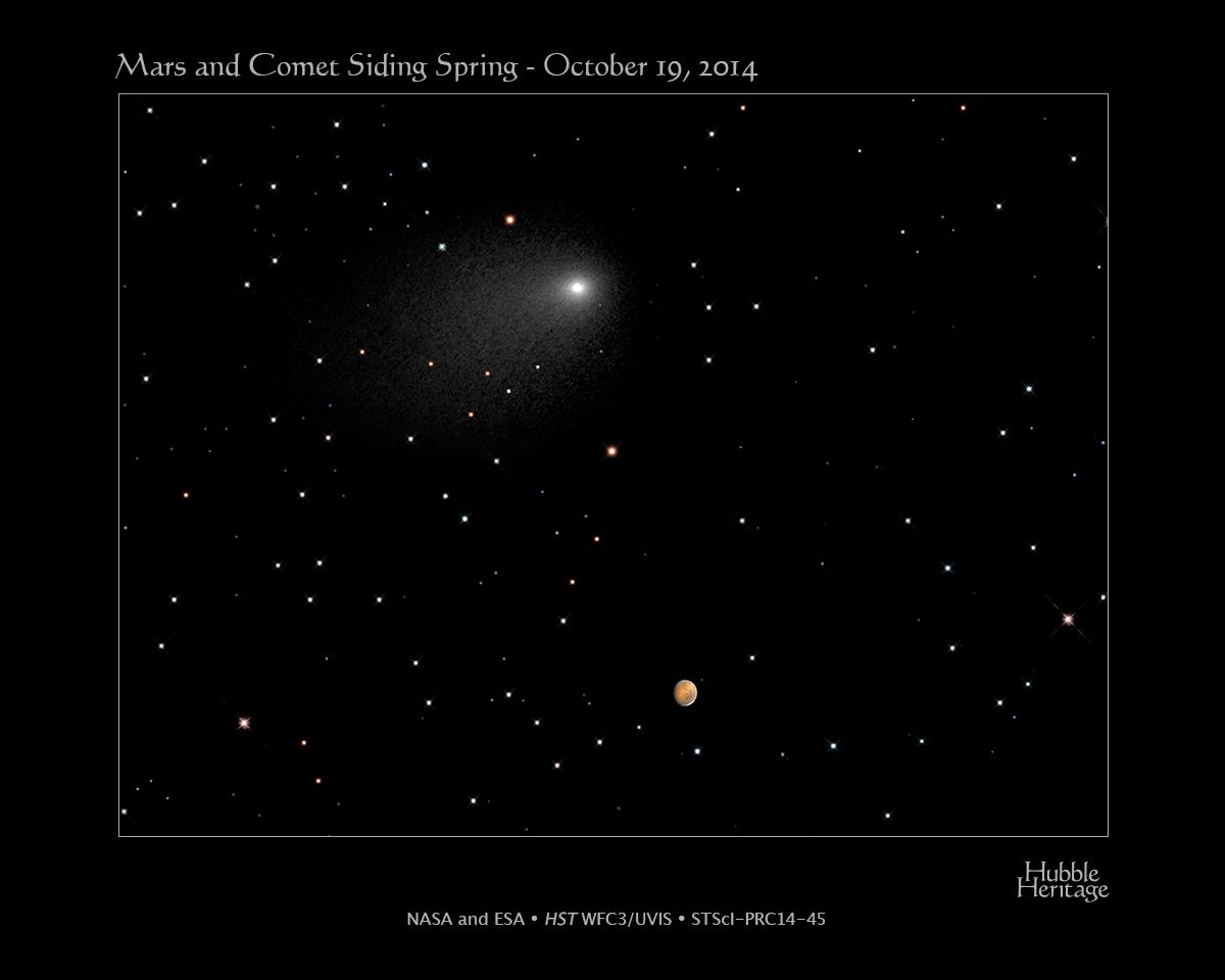 This composite Hubble Space Telescope image captures the positions of Comet Siding Spring and Mars in a never-before-seen close passage of a comet by the Red Planet, which happened at 2:28 p.m. EDT October 19, 2014. On that date the comet passed by Mars at approximately 87,000 miles (about one-third the distance between Earth and the Moon). At that time, the comet and Mars were approximately 149 million miles from Earth.