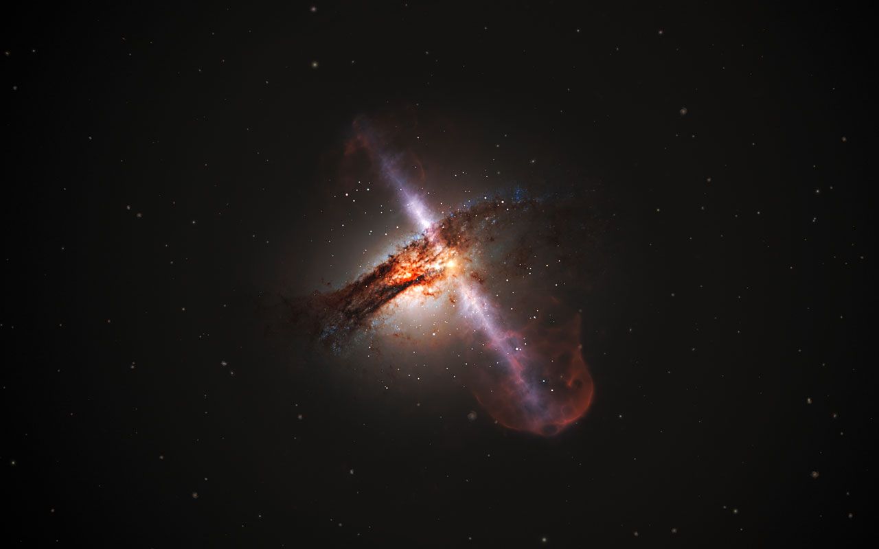 A supermassive black hole with gas shooting out from its polar regions.