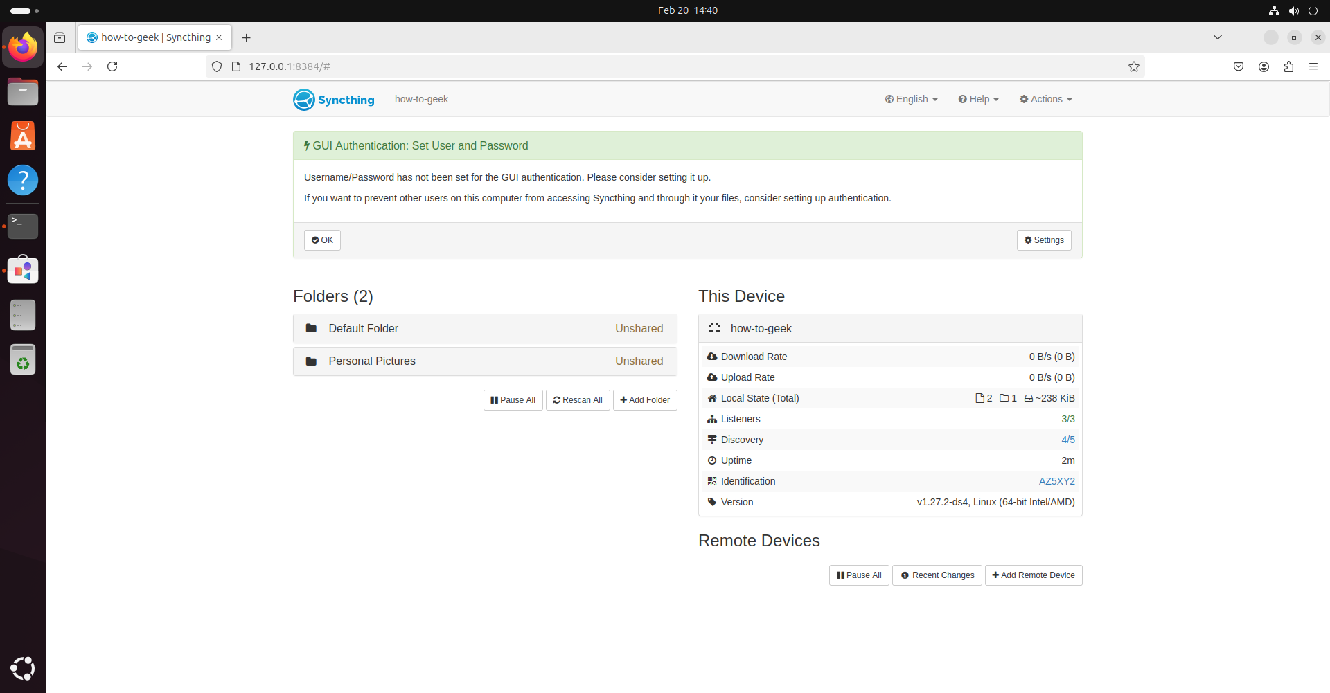 Linux Syncthing initial configuration screen on Ubuntu.