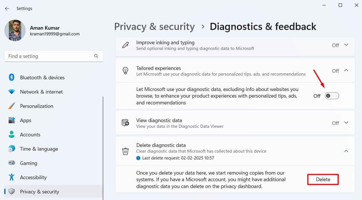 Tailored Experiences toggle in the Settings app.