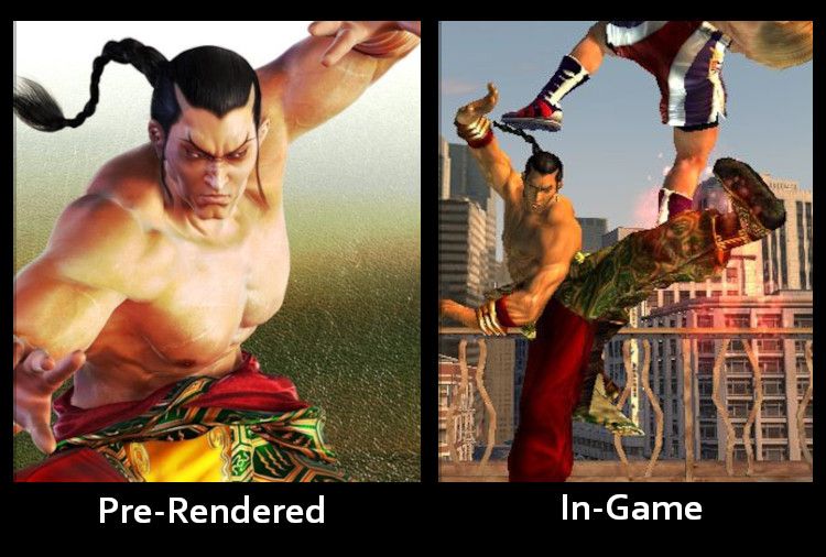 A comparison of Tekken 5's pre-rendered artwork and in-engine graphics.