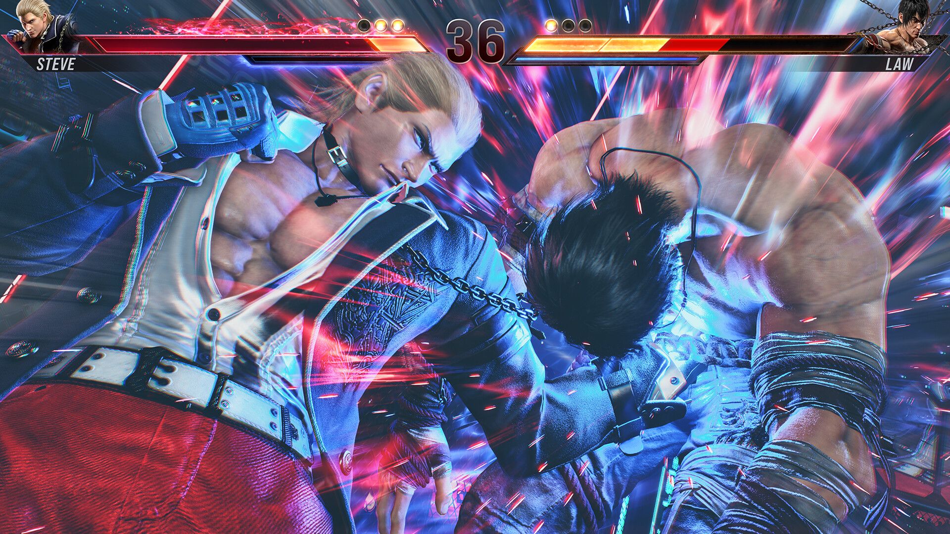 A screenshot of Steve Fox punching Marshall Law in Tekken 8.