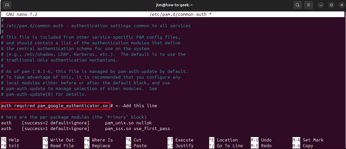 Ubuntu terminal with nano open and showing how to add Google Authenticator to pam configuration.