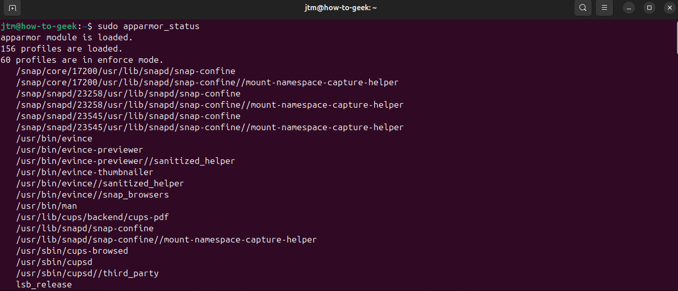 Terminal showing the output from the apparmor_status command.