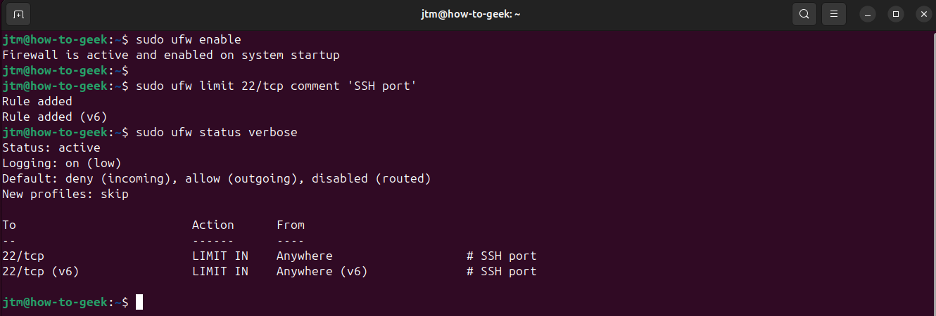 Terminal showing output of UFW enable and status commands.