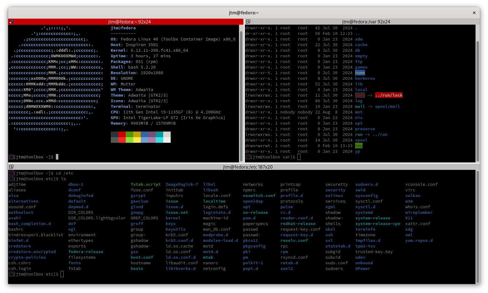 Terminator terminal showing multiple session panes