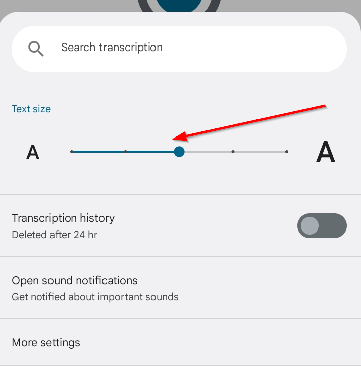 The text slider for adjusting text size in Live Transcribe.