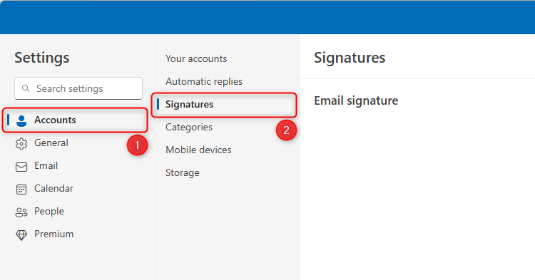 The Accounts and Signatures menus in the new Outlook's Settings dialog box.