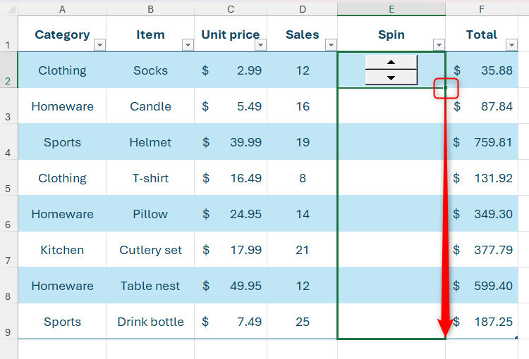 The AutoFill handle of a cell containing a spin button in Excel is selected and dragged to the bottom row of the formatted table.